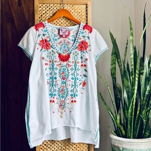 Johnny Was Peta Drape white Embroidered Blouse
